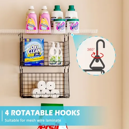 3-Tier Hanging Metal Laundry Basket：Foldable Laundry Room Organizer Wire Shelf Basket with 360°Rotating Hooks Space Saving Over Washer and Dryer Shelves - Closet Storage in Laundry Room Organizaton