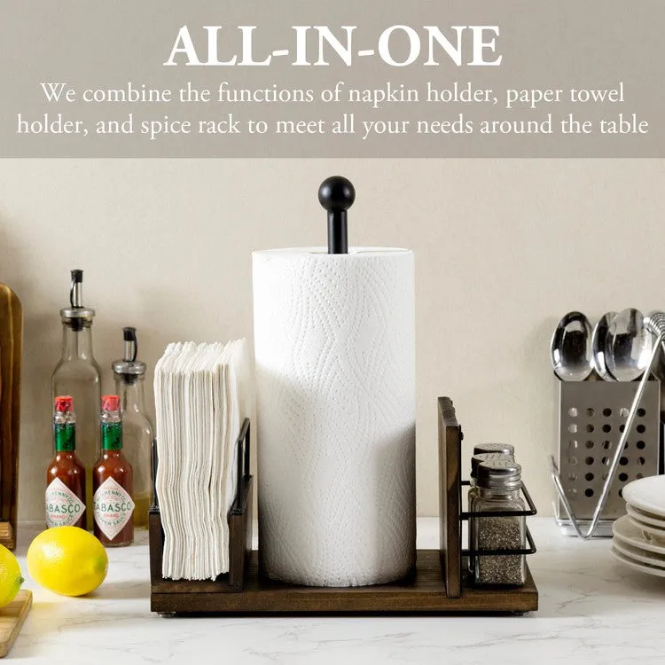 Burnt Wood, Industrial Matte Black Metal Dining Caddy with Paper Towel Roll Dispenser Stand, Napkin Holder, Spice Rack