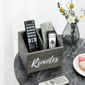 Gray Wood Remote Control Holder with Storage Compartments and White Cursive "Remotes" Lettering, Media Controller Caddy