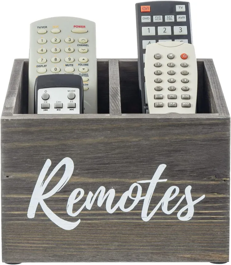 Gray Wood Remote Control Holder with Storage Compartments and White Cursive "Remotes" Lettering, Media Controller Caddy