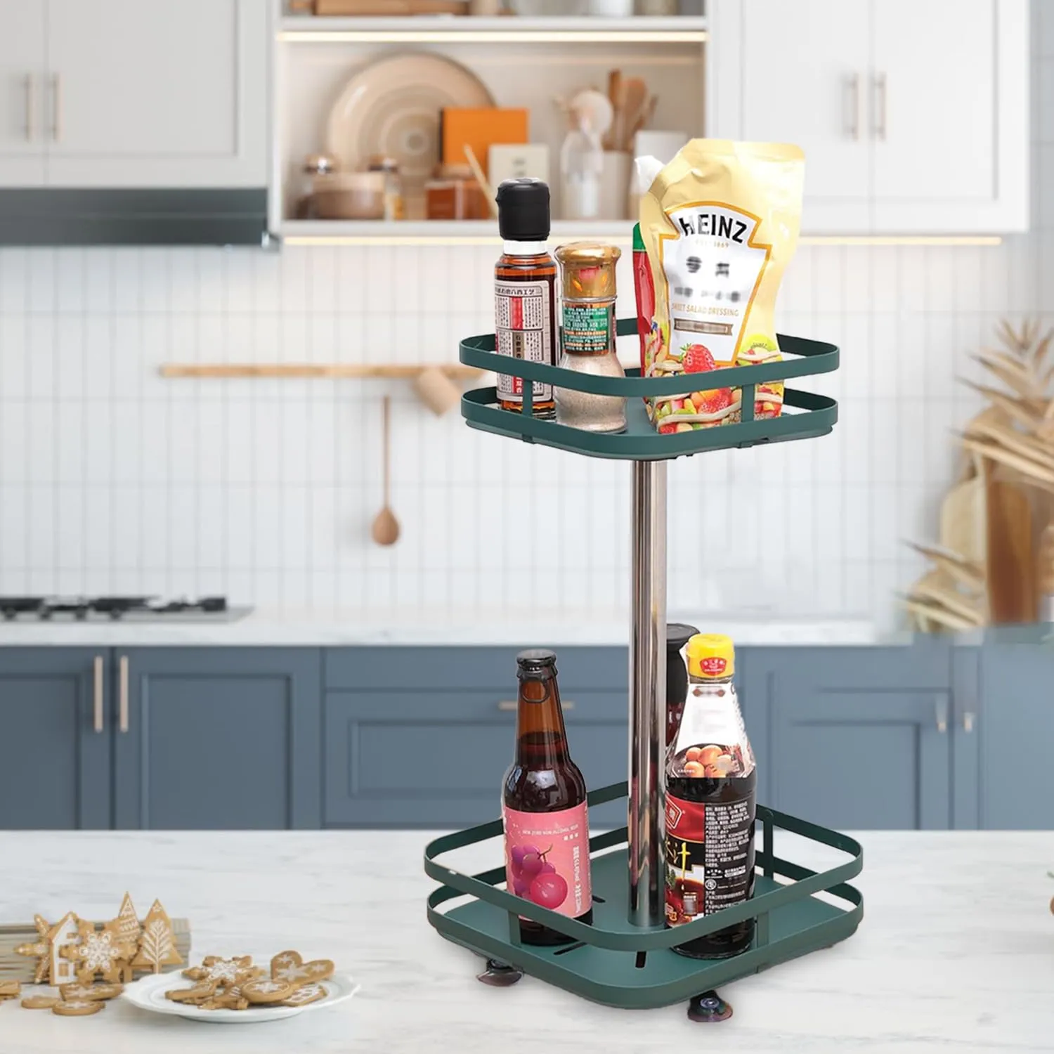 Kuber Industries 2-Layer Rotating Spice Rack|Square Shelf For Cabinet Countertop|360-Degree Rotable Kitchen Trolley|Fruit Basket Pack of 5 (Dark Green)